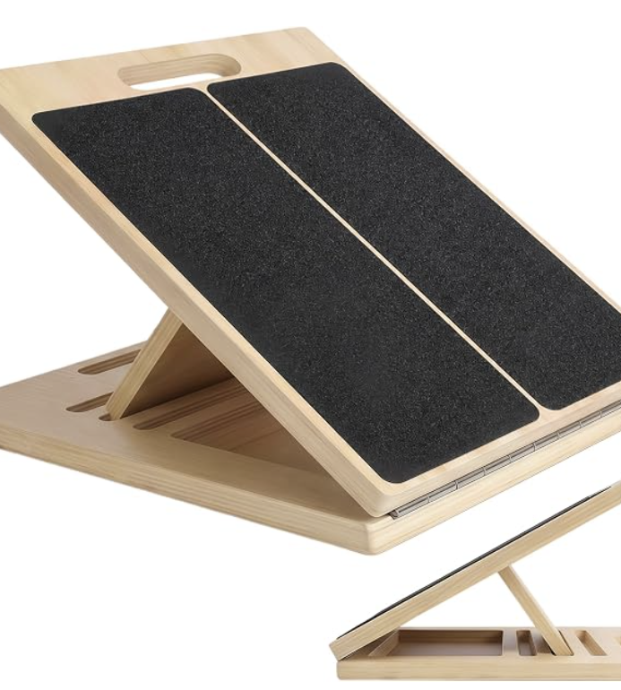 Wooden calf stretcher slant board with two non-slip textured pads and carry handle